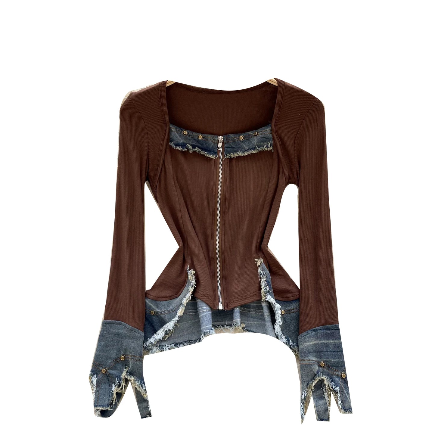 Autumn Full Sleeve Others Collar Casual Denim Blouses Women Patchwork Zippers Shirts Ladies Retro Tops Clothes Women Wholesale