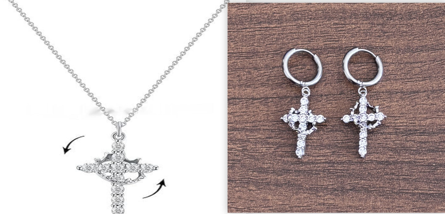 3A Zircon Crown Cross Movable Stainless Steel Ear Clip