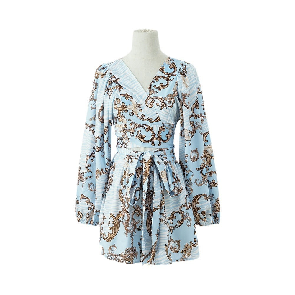 Autumn Flowers Long Sleeve Shorts V-neck Jumpsuit