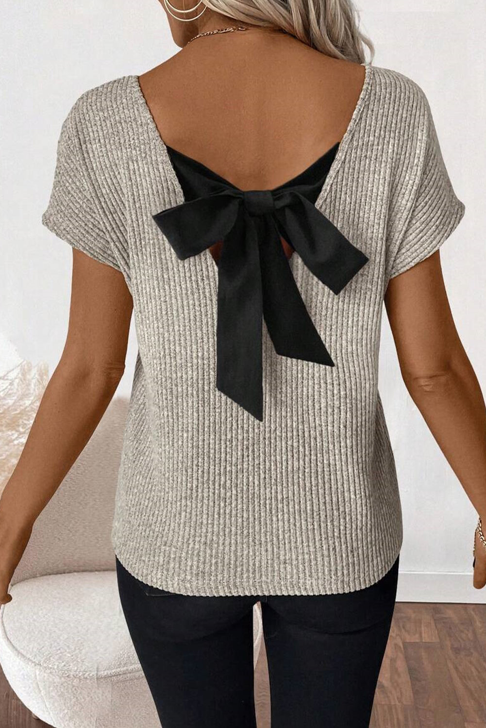 Gray Morn Ribbed Short Sleeve V Neck Colorblock Bow Back Top