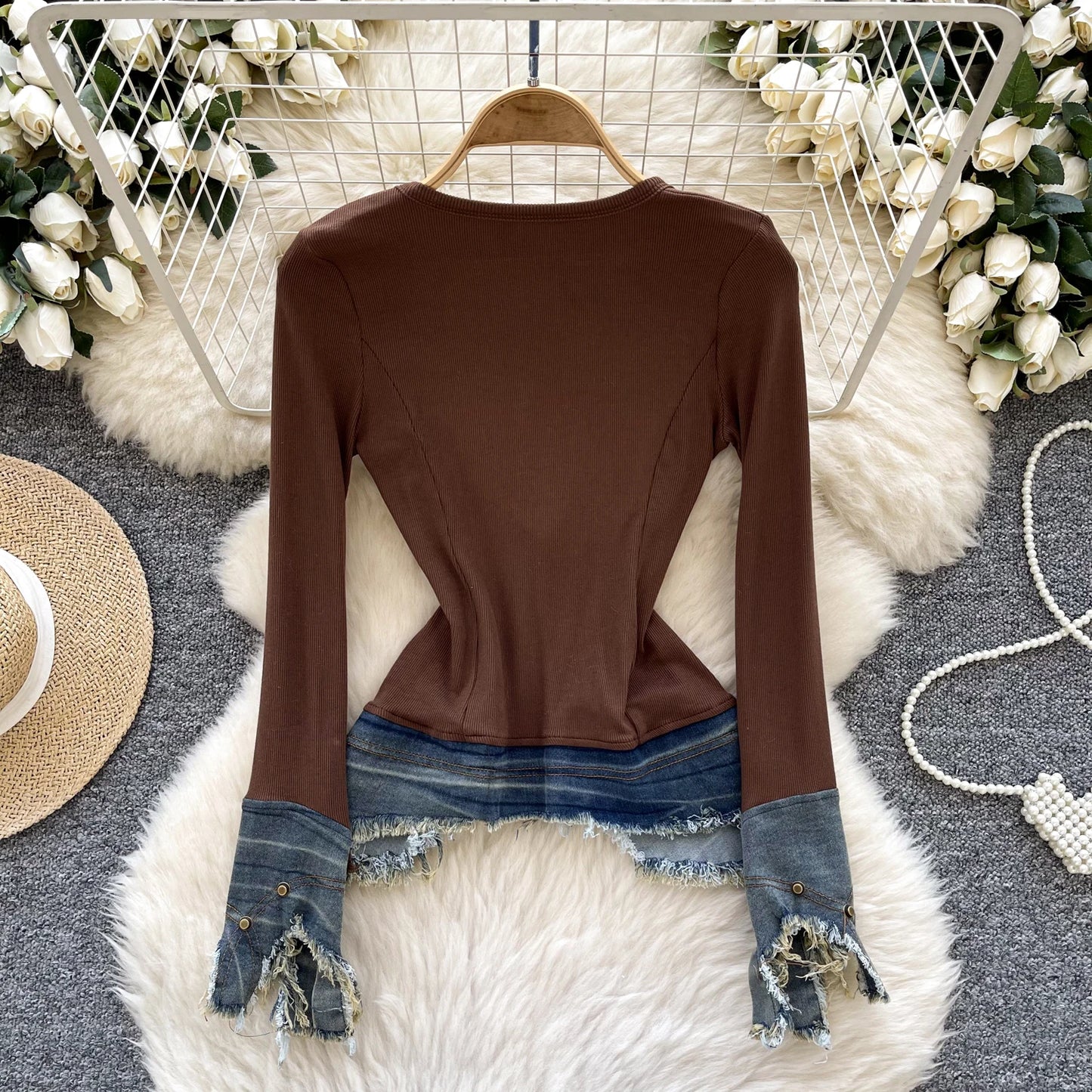 Autumn Full Sleeve Others Collar Casual Denim Blouses Women Patchwork Zippers Shirts Ladies Retro Tops Clothes Women Wholesale