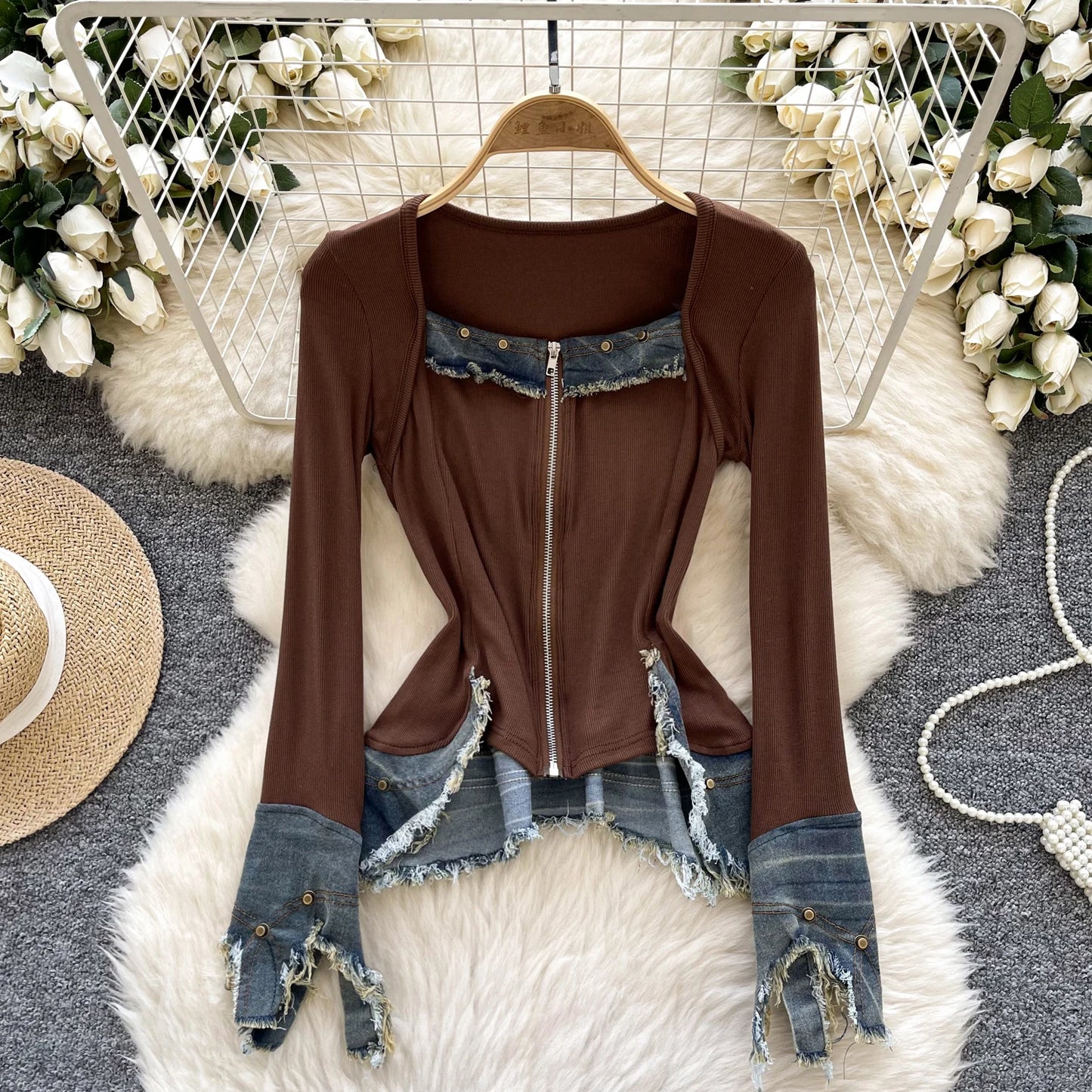 Autumn Full Sleeve Others Collar Casual Denim Blouses Women Patchwork Zippers Shirts Ladies Retro Tops Clothes Women Wholesale