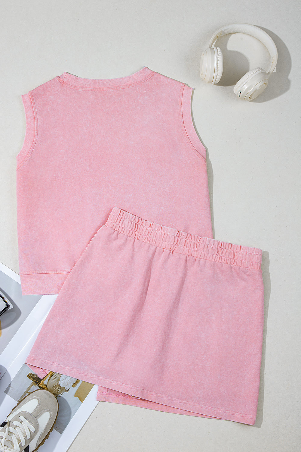 Light Pink 2 Pieces Mineral Wash Cotton Tank Top Lined Split Skirt Set