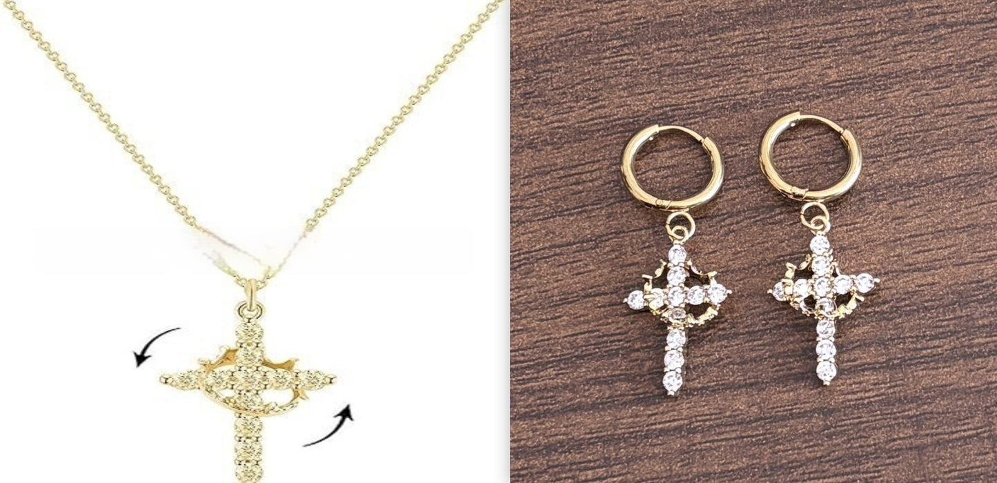 3A Zircon Crown Cross Movable Stainless Steel Ear Clip